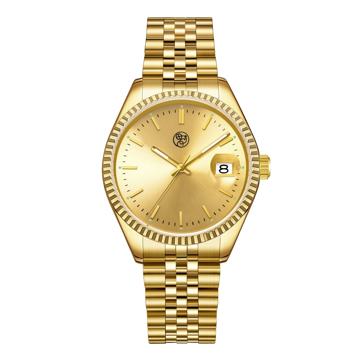 A gold 38mm watch with a champagne gold dial and a five link bracelet, magnified date window displayed against a plain background.