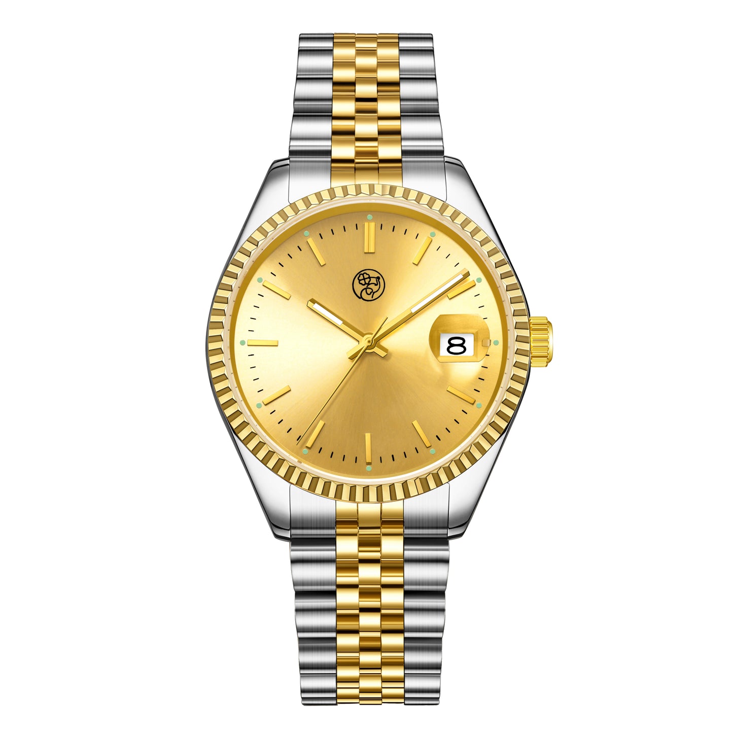 A silver and gold stainless steel wristwatch with a round gold sunray dial and a two tome bracelet luminous display.