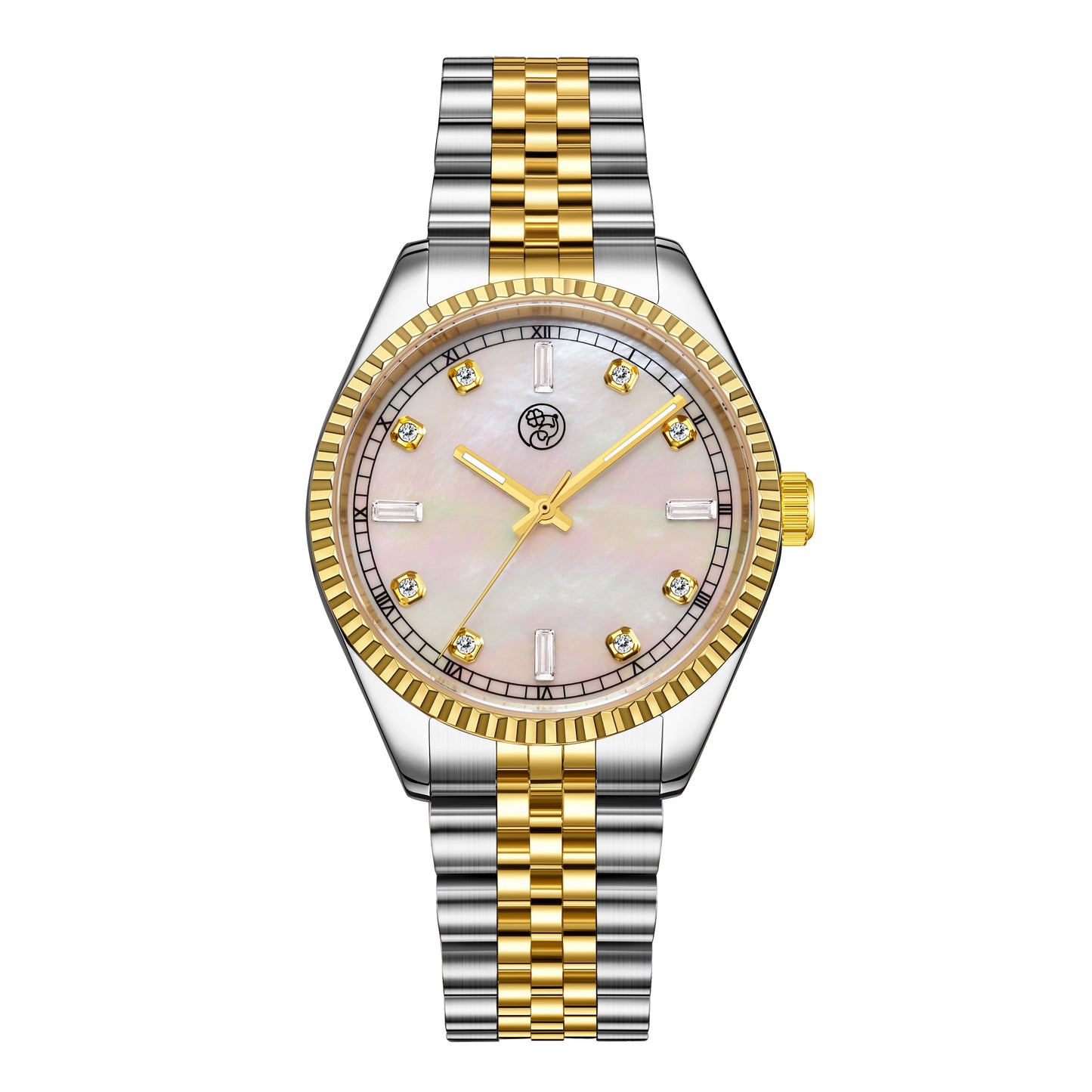 A two-tone So Saint Barths Mother of Pearl watch with a gold stainless steel band and a mother of pearl dial with gold accents.
