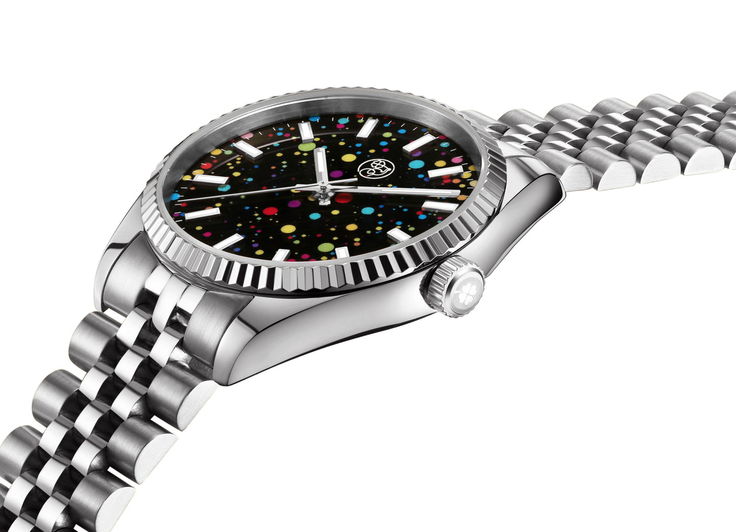 Silver 38mm stainless steel unisex watch with rainbow galaxy dial