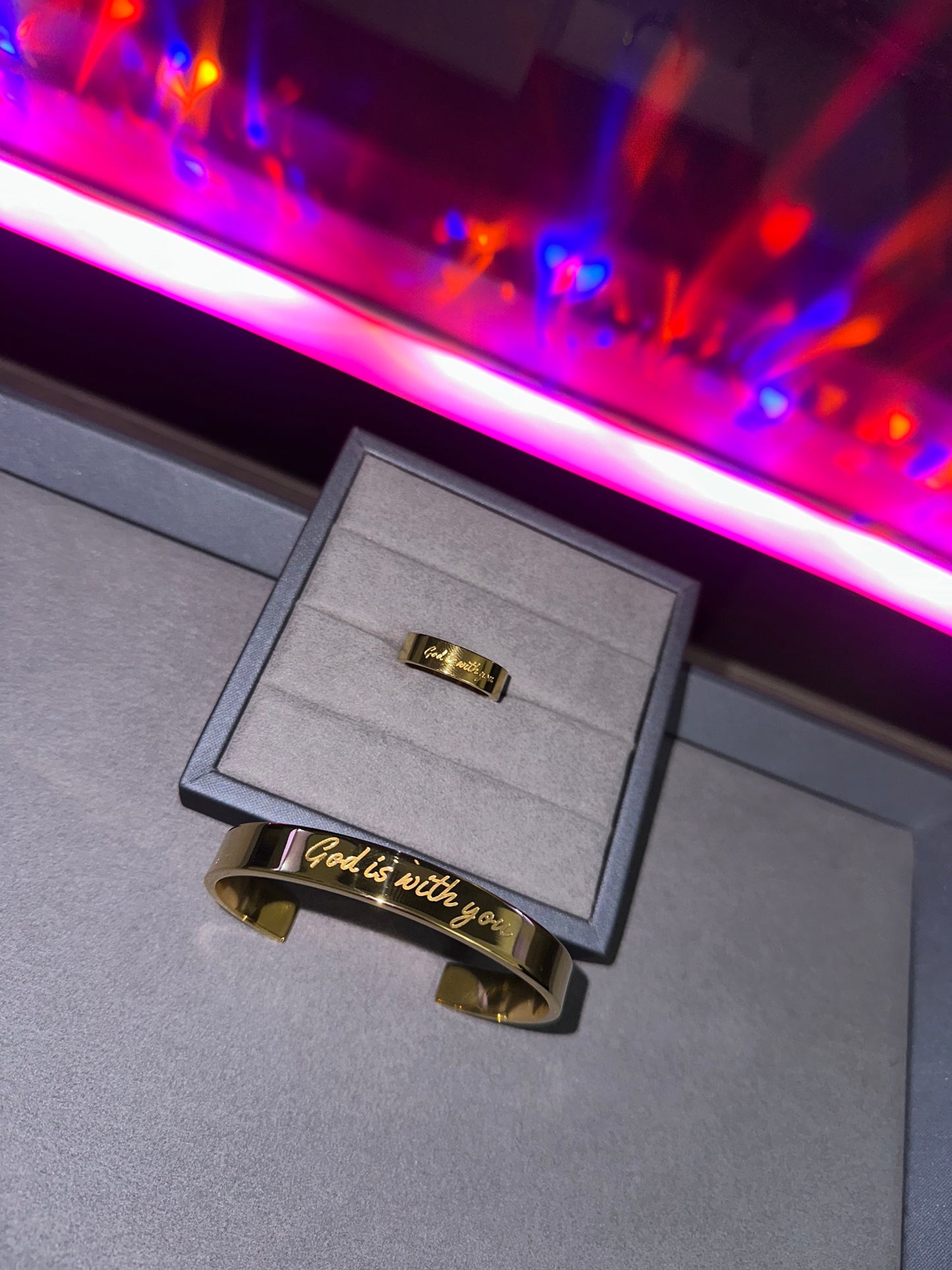 Gold engraved affirmation bracelet, God is with you engraved 