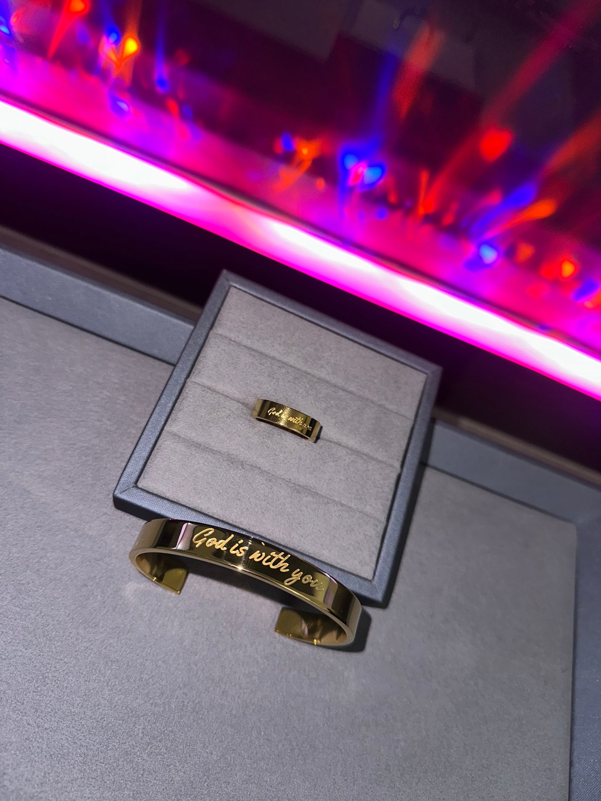 Gold engraved affirmation bracelet, God is with you engraved 