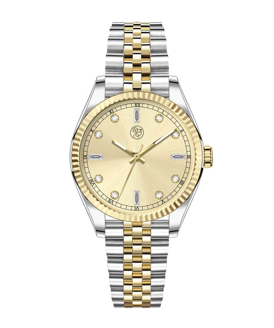 Monaco Two-Tone Watch with gold sunray dial and mixed-metal band
 by RJ Royalty 