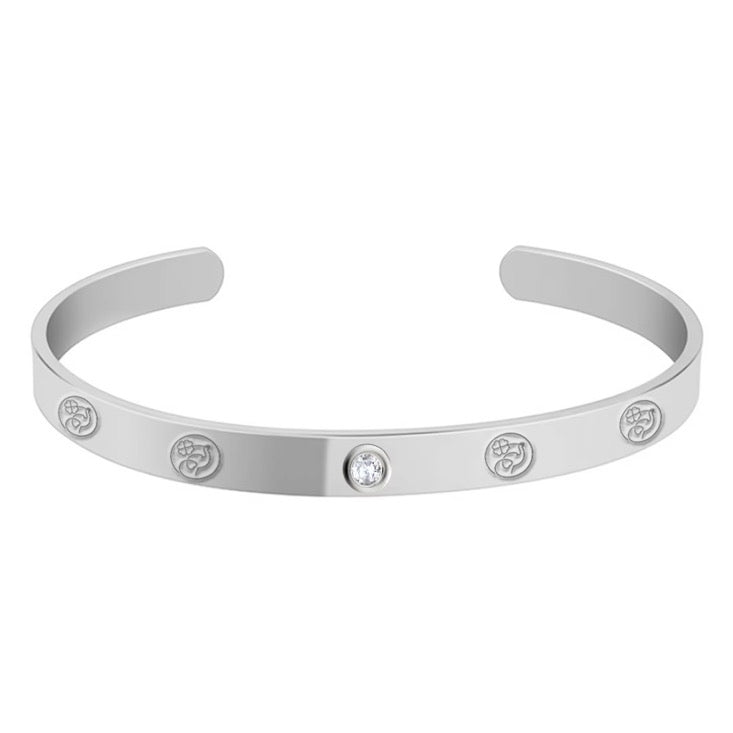 Silver stainless steel cuff bracelet with crystal accent
