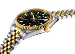 Side view of two-tone watch with black rainbow dial and stainless steel band

