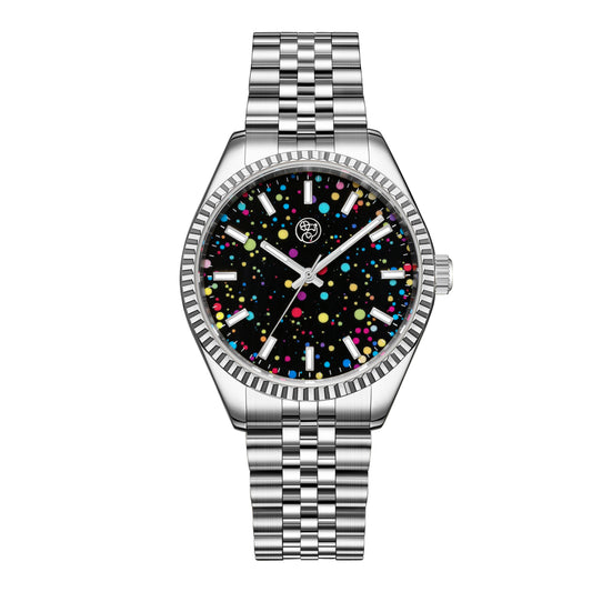 Seychelles Rainbow Dial Silver Watch with black multicolor dial and silver stainless steel band.
