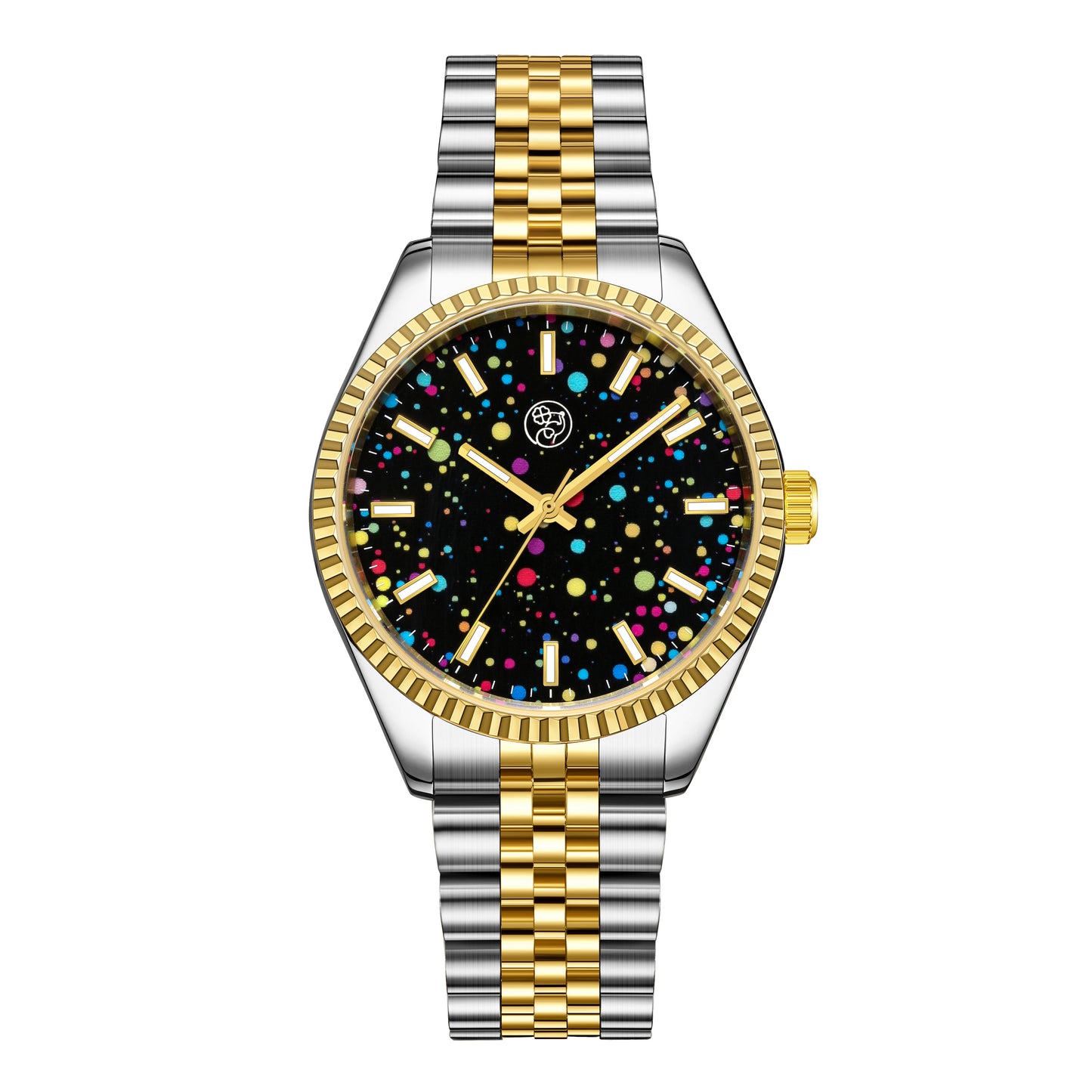 Seychelles Rainbow Dial Two-Tone Watch with black multicolor dial and gold silver band, fluted bezel
