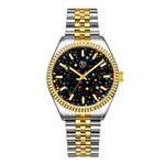 Seychelles Rainbow Dial Two-Tone Watch with black multicolor dial and gold silver band, fluted bezel
