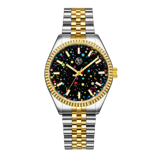 Seychelles Rainbow Dial Two-Tone Watch with black multicolor dial and gold silver band, fluted bezel
