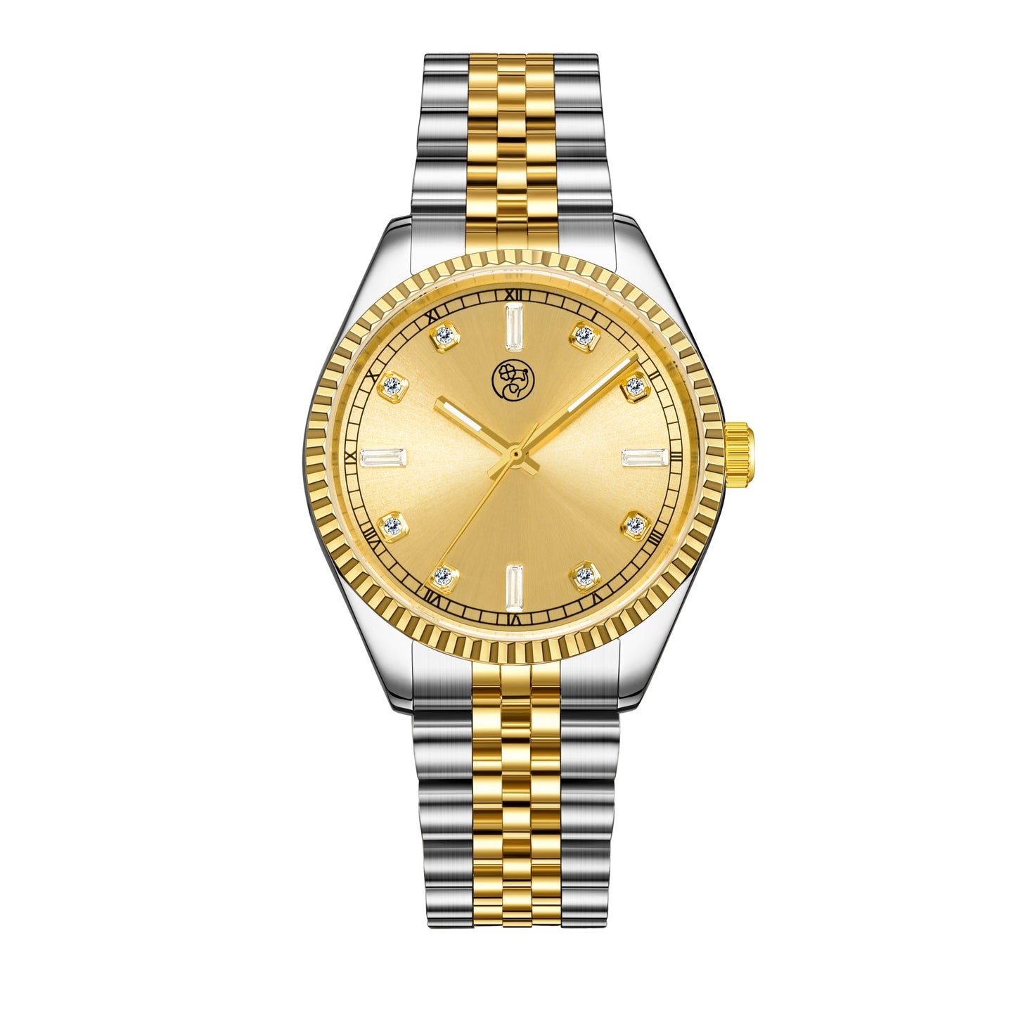 A silver and gold stainless steel wristwatch with a diamond-accented bezel and a gold-colored dial.