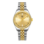 A silver and gold stainless steel wristwatch with a diamond-accented bezel and a gold-colored dial.