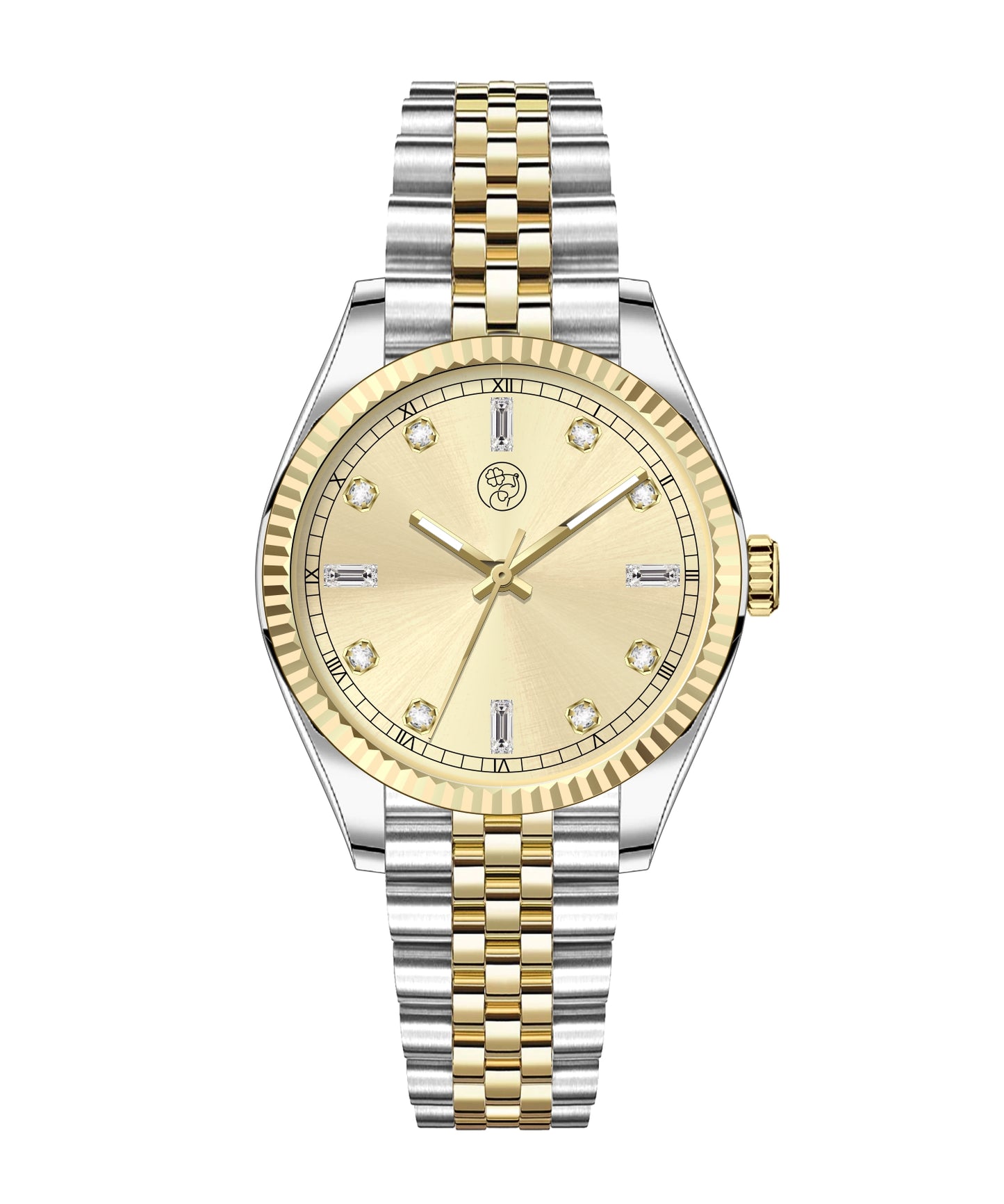 A two-tone watch with a gold sunray dial and a silver mixed metal bracelet designed by RJ Royalty with baguette markers.