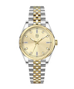 A two-tone watch with a gold sunray dial and a silver mixed metal bracelet designed by RJ Royalty with baguette markers.