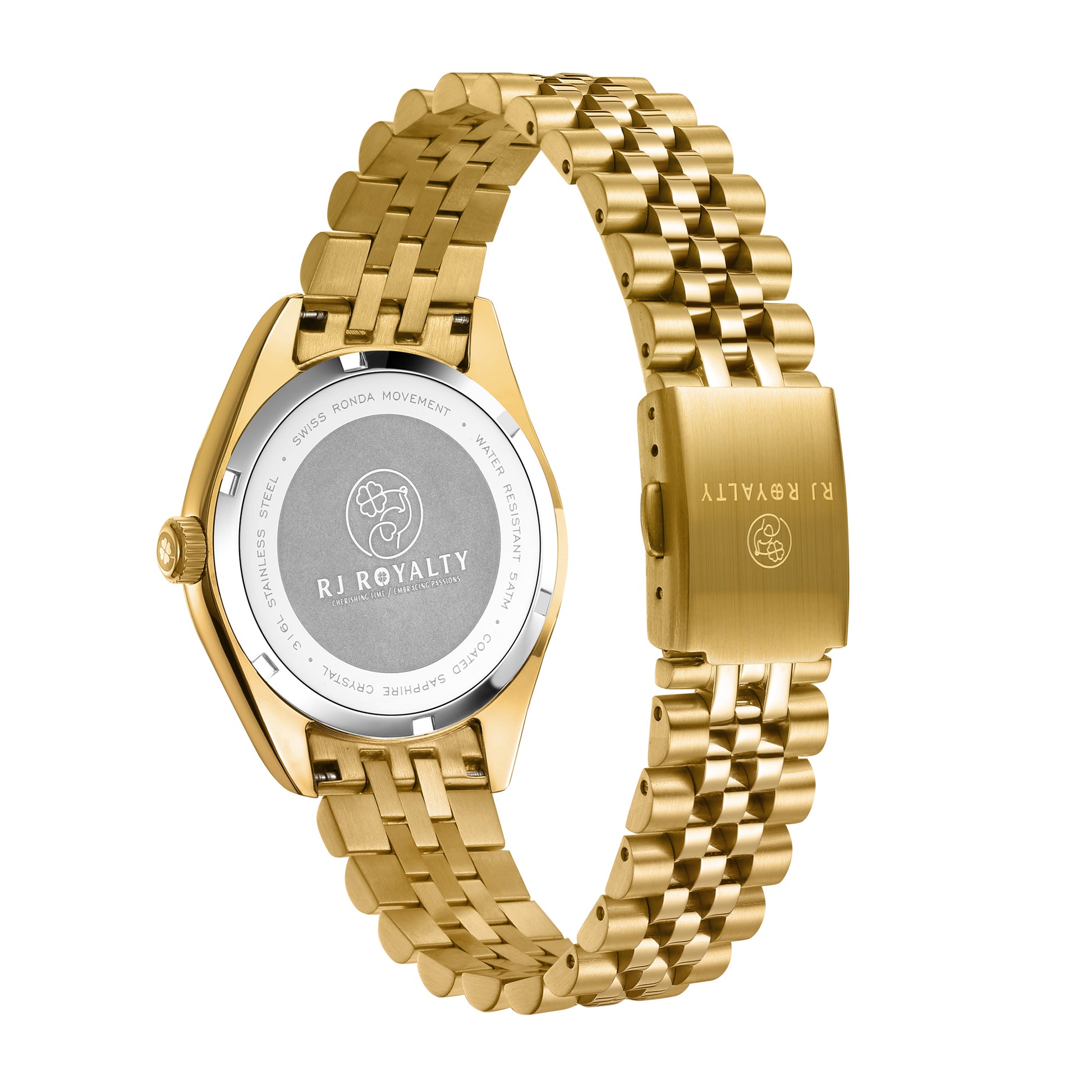 Gold 38mm stainless steel unisex watch with with logo on case back and watch clasp
