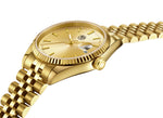 Luxurious Gold watch with magnified date and luminous marker with a clover logo on the crown 