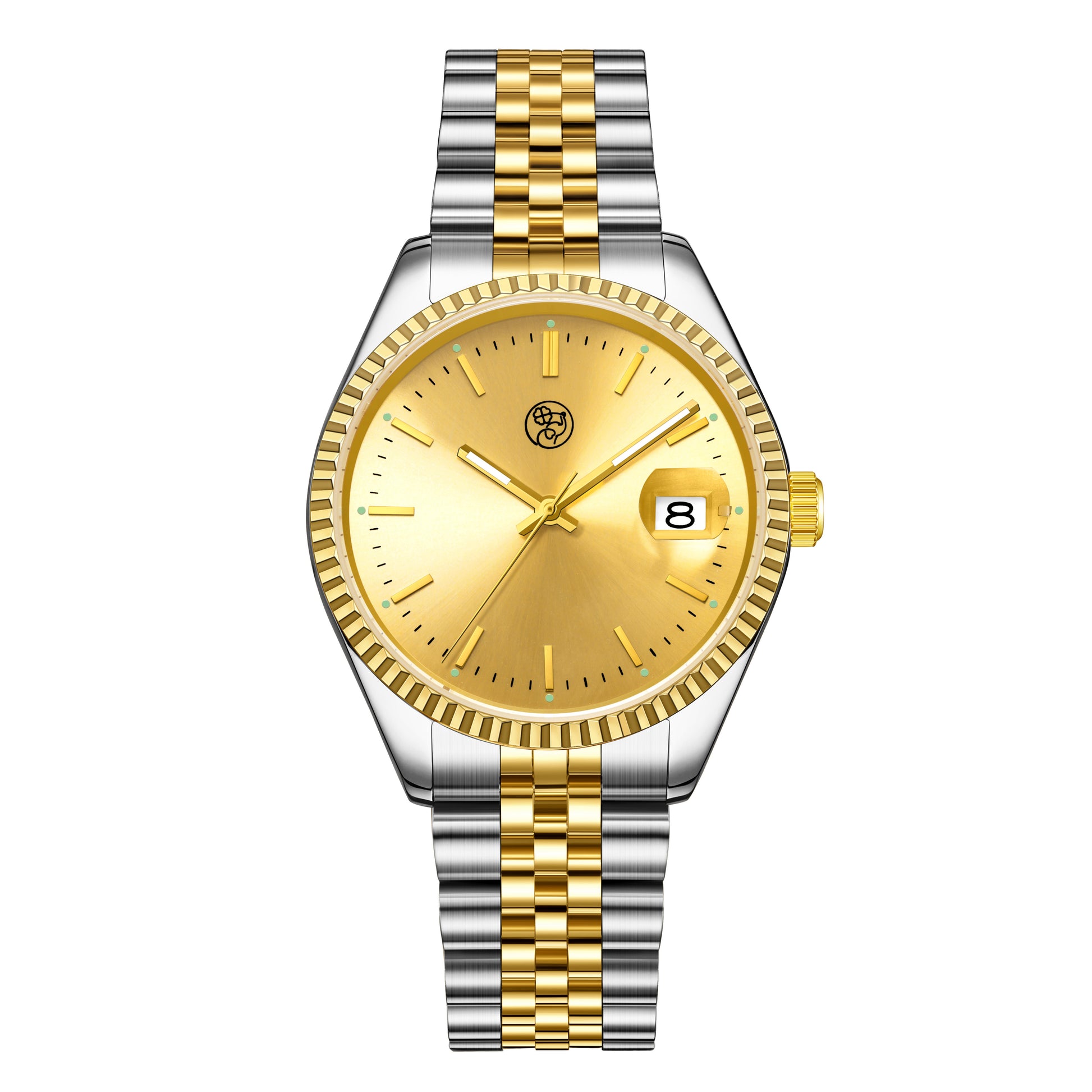 A silver and gold stainless steel wristwatch with a round gold sunray dial and a two tome bracelet luminous display.