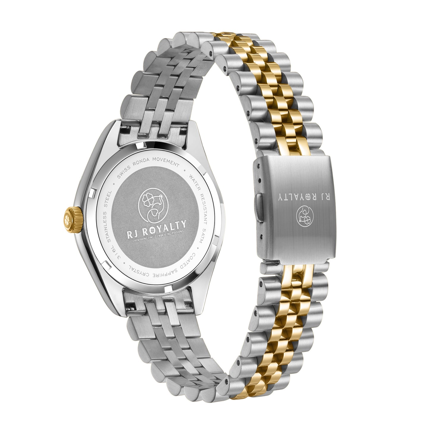 A Swiss designed So Italy Two Tone Watch back view classic five link gold and silver mixed metal bracelet.