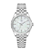 A silver luxury watch with a mother of pearl dial and a classic five link silver bracelet.