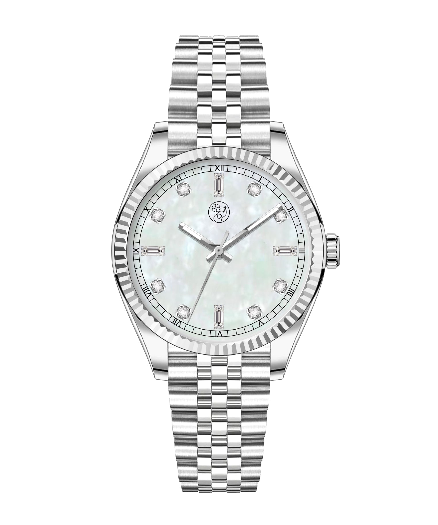 A silver luxury watch with a mother of pearl dial and a classic five link silver bracelet.