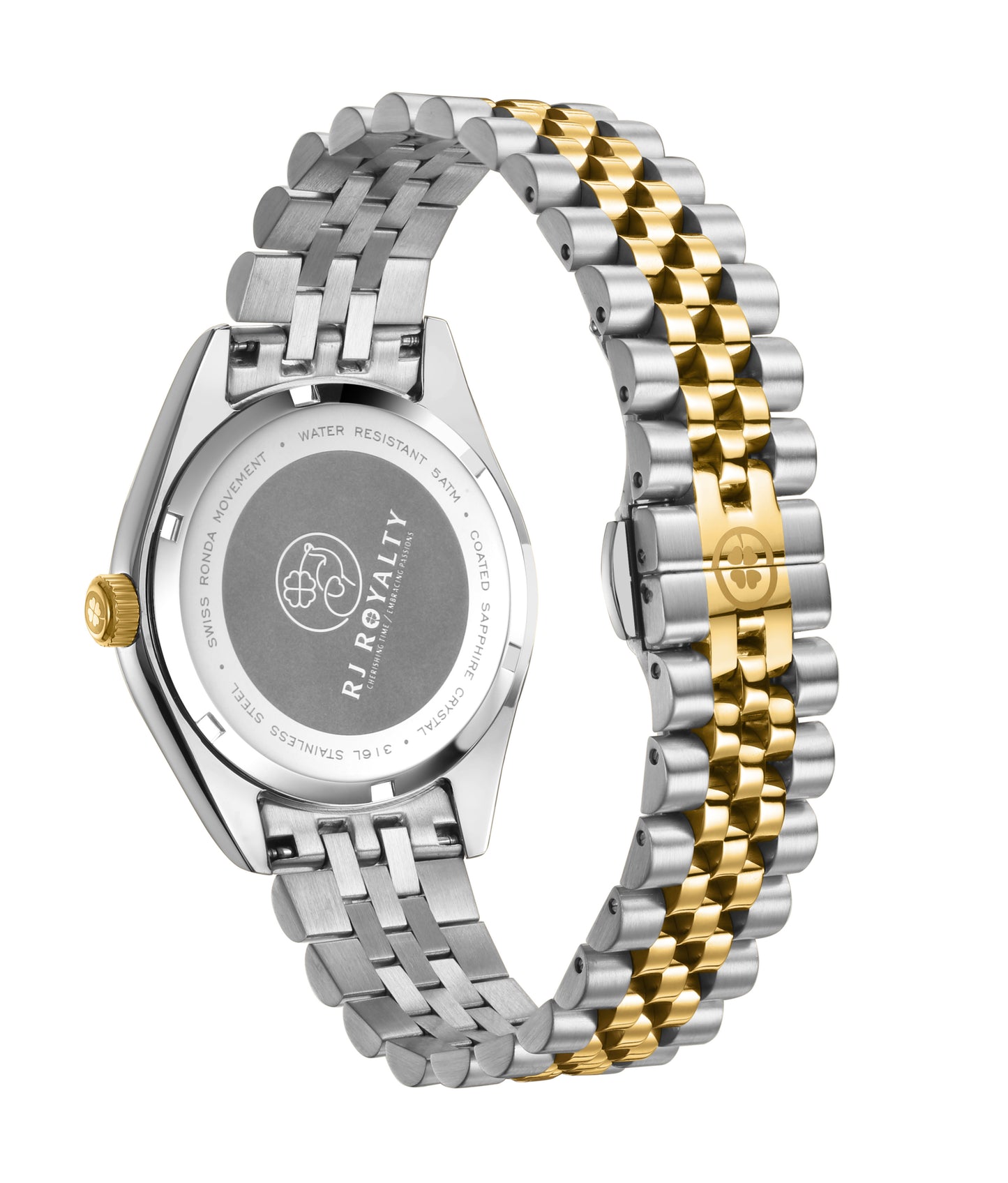 A two-tone luxury watch with silver and gold mixed metal bracelet, and a clover logo on butterfly style lock
