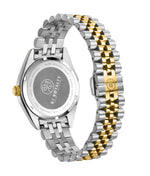 A two-tone luxury watch with silver and gold mixed metal bracelet, and a clover logo on butterfly style lock