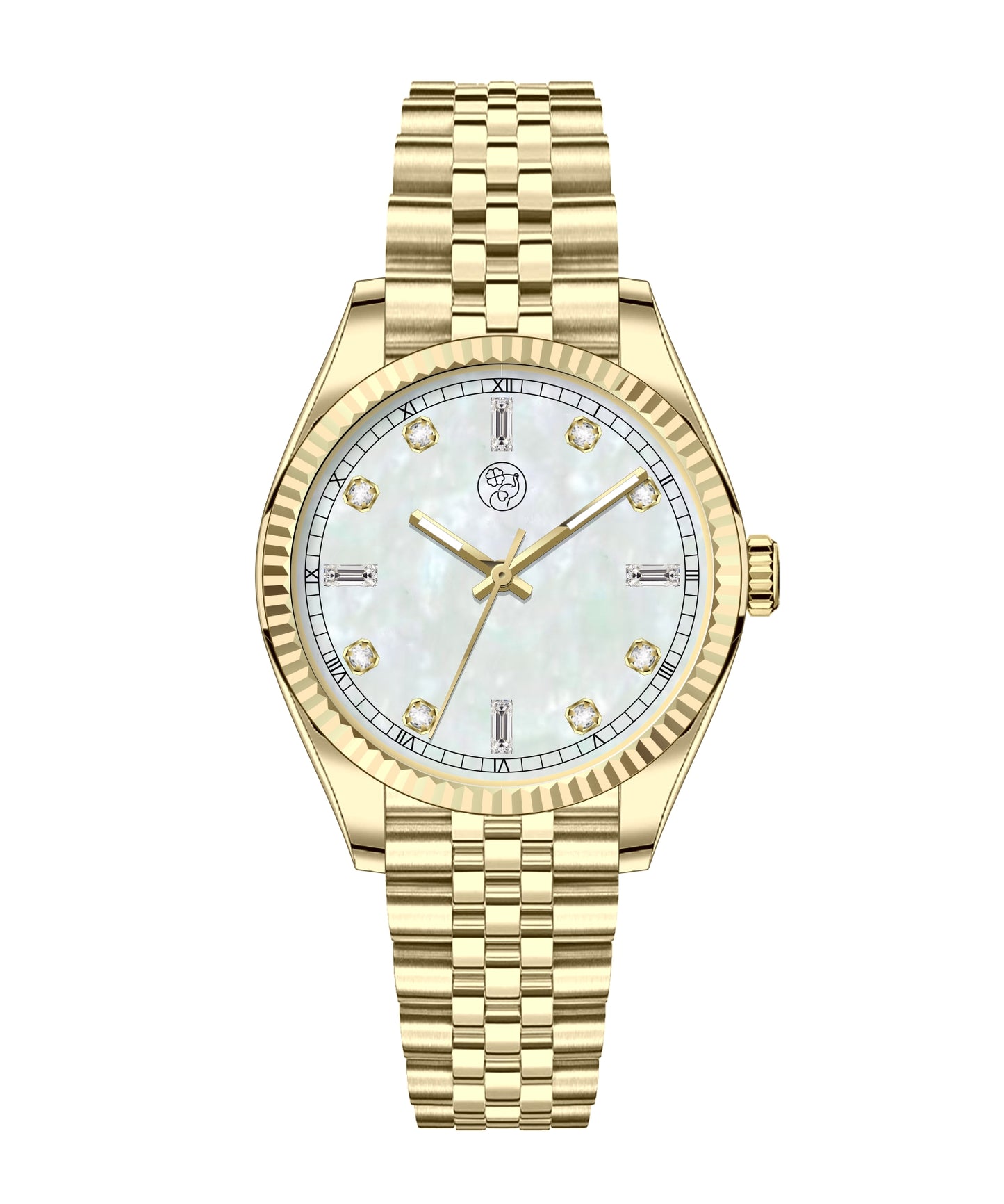 A gold-colored luxury watch with a mother of pearl dial and a classic five link bracelet.