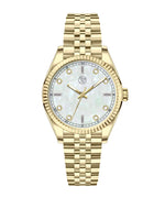 A gold-colored luxury watch with a mother of pearl dial and a classic five link bracelet.