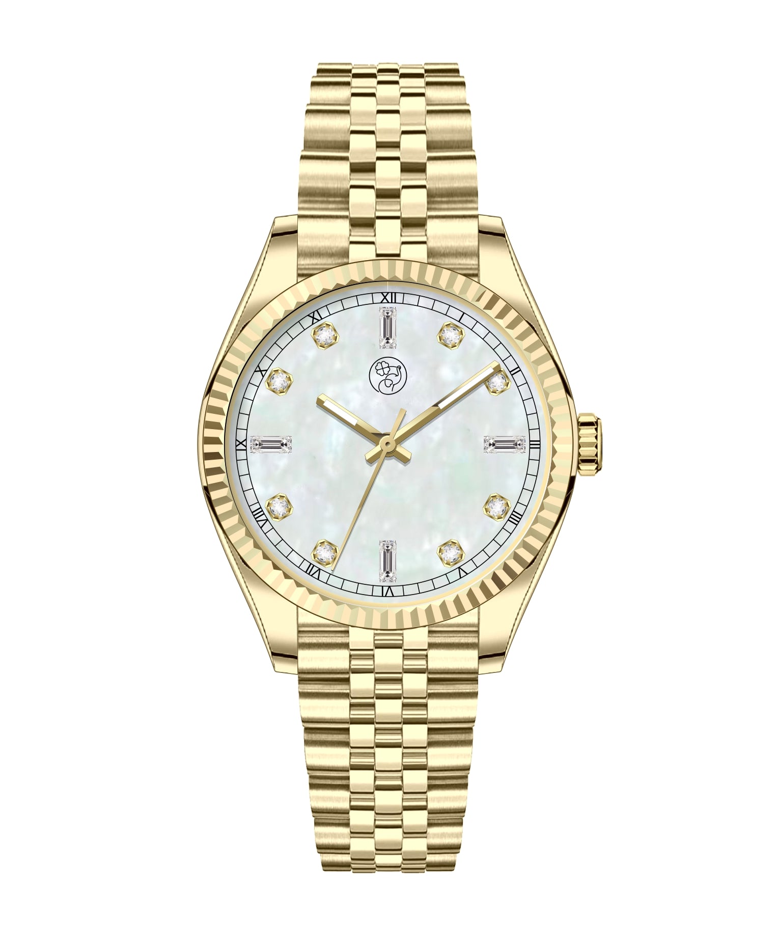A gold-colored luxury watch with a mother of pearl dial and a classic five link bracelet.