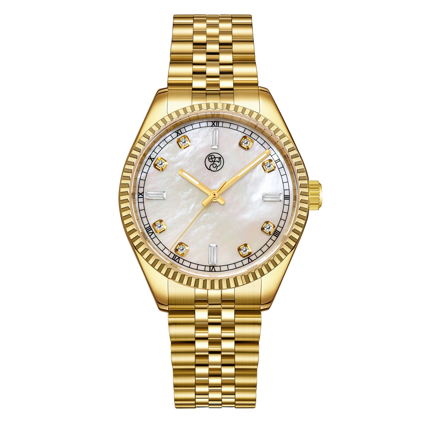 Gold 38mm stainless steel unisex watch with mother of pearl diamond dial
