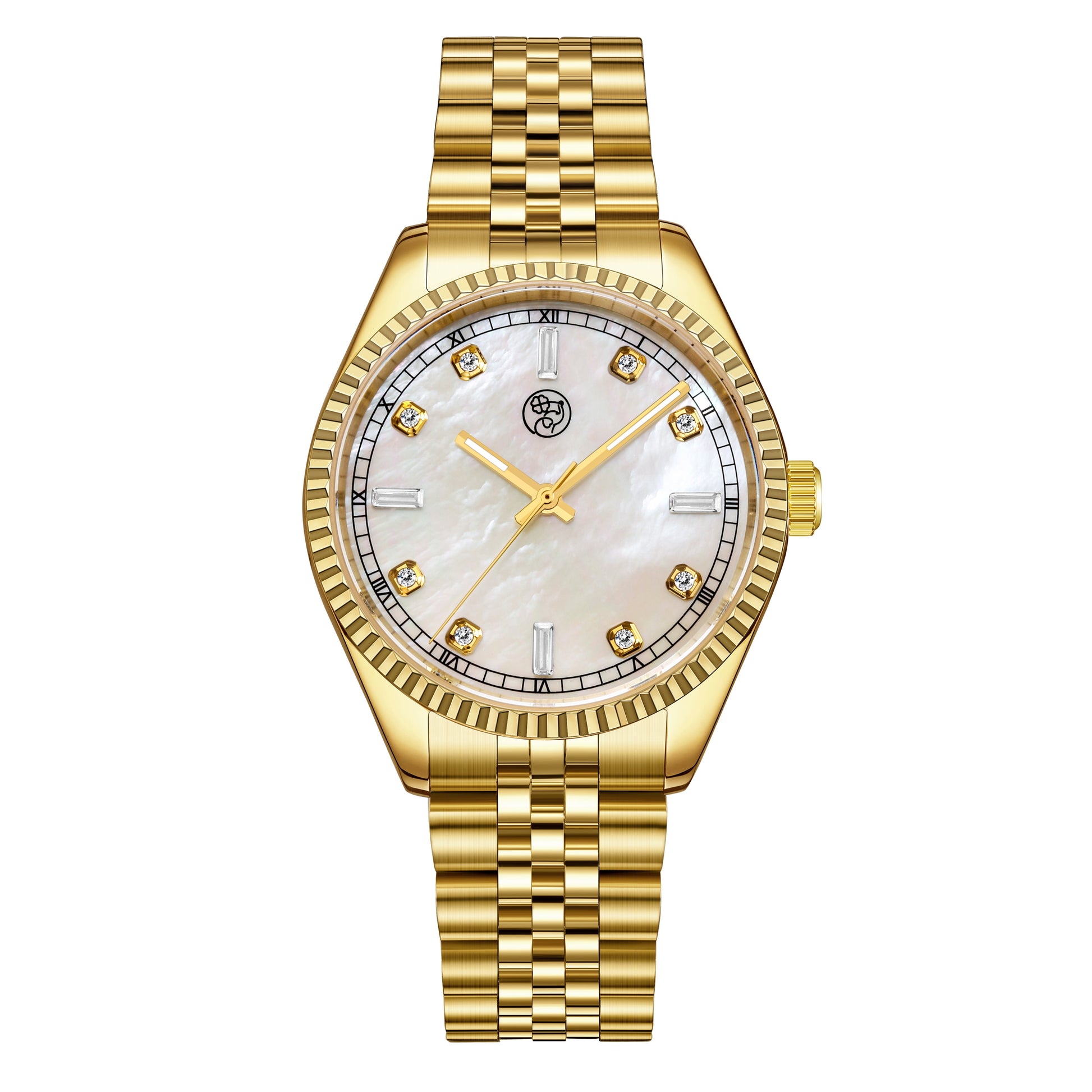 Gold 38mm stainless steel unisex watch with mother of pearl diamond dial