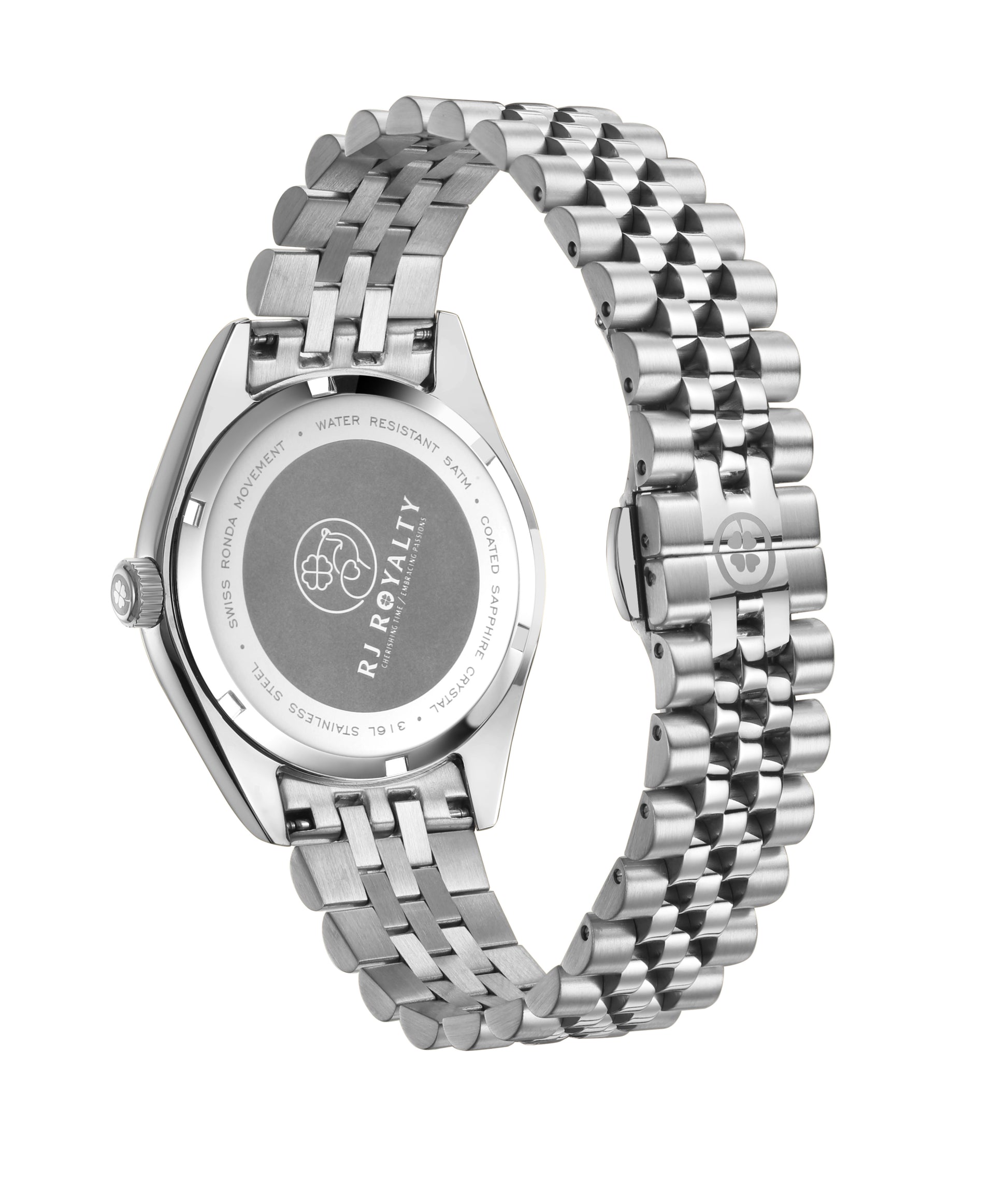 luxury silver classic watch back with butterfly clasp and  clove logo on lock 