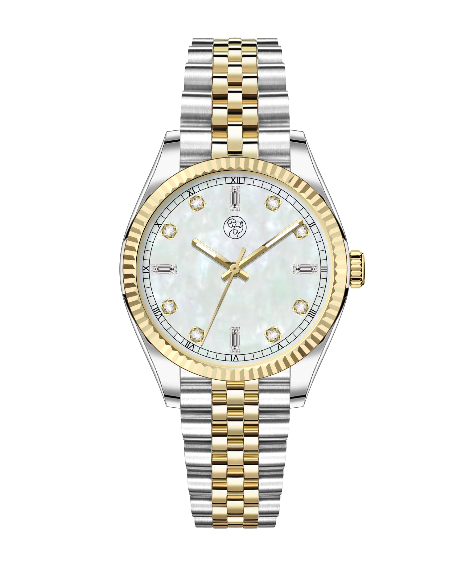 A two-tone luxury watch with a mother of pearl dial, silver and gold mixed metal bracelet, and a fluted bezel.