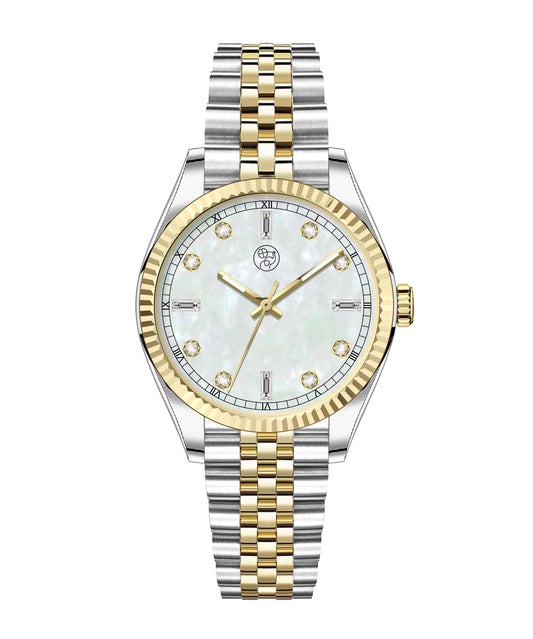 A two-tone luxury watch with a mother of pearl dial, silver and gold mixed metal bracelet, and a fluted bezel.