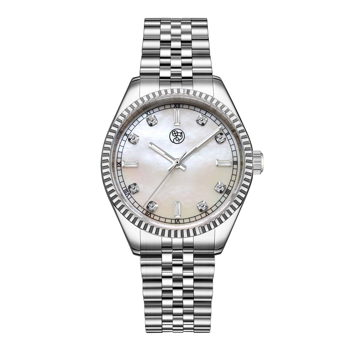 Silver 38mm stainless steel unisex watch with mother of pearl dial and diamond markers.