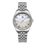 Silver 38mm stainless steel unisex watch with mother of pearl dial and diamond markers.