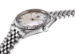 Silver 38mm stainless steel unisex watch with mother of pearl dial and baguette  markers
