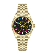Gold 38mm stainless steel unisex watch with 3d multi color rainbow galaxy dial