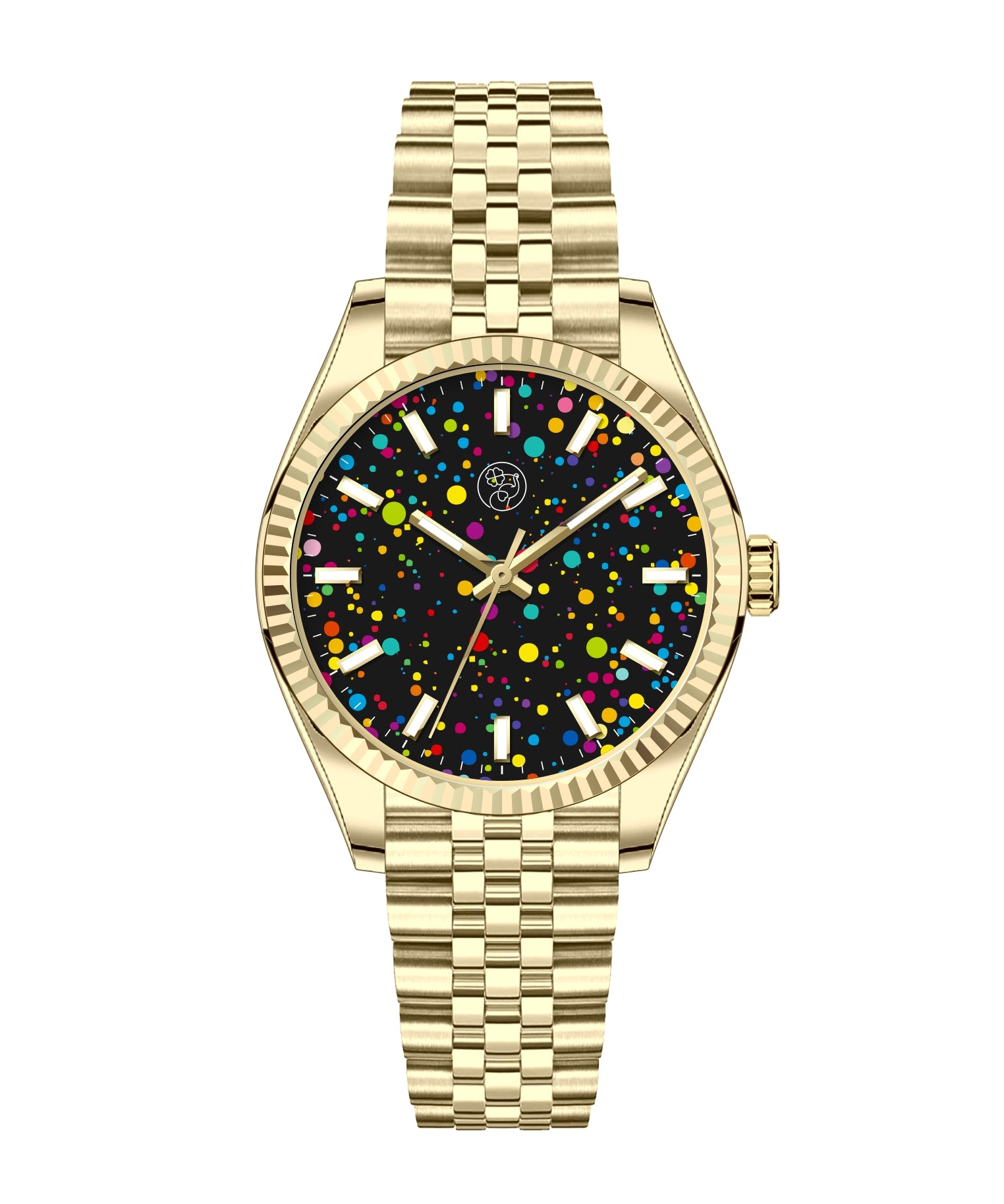 Gold 38mm stainless steel unisex watch with 3d multi color rainbow galaxy dial