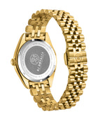 back view with butterfly lock and clover detailing on gold watch band 