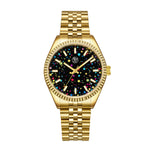 A gold-colored watch with a multicolored dial and a classic five link bracelet.