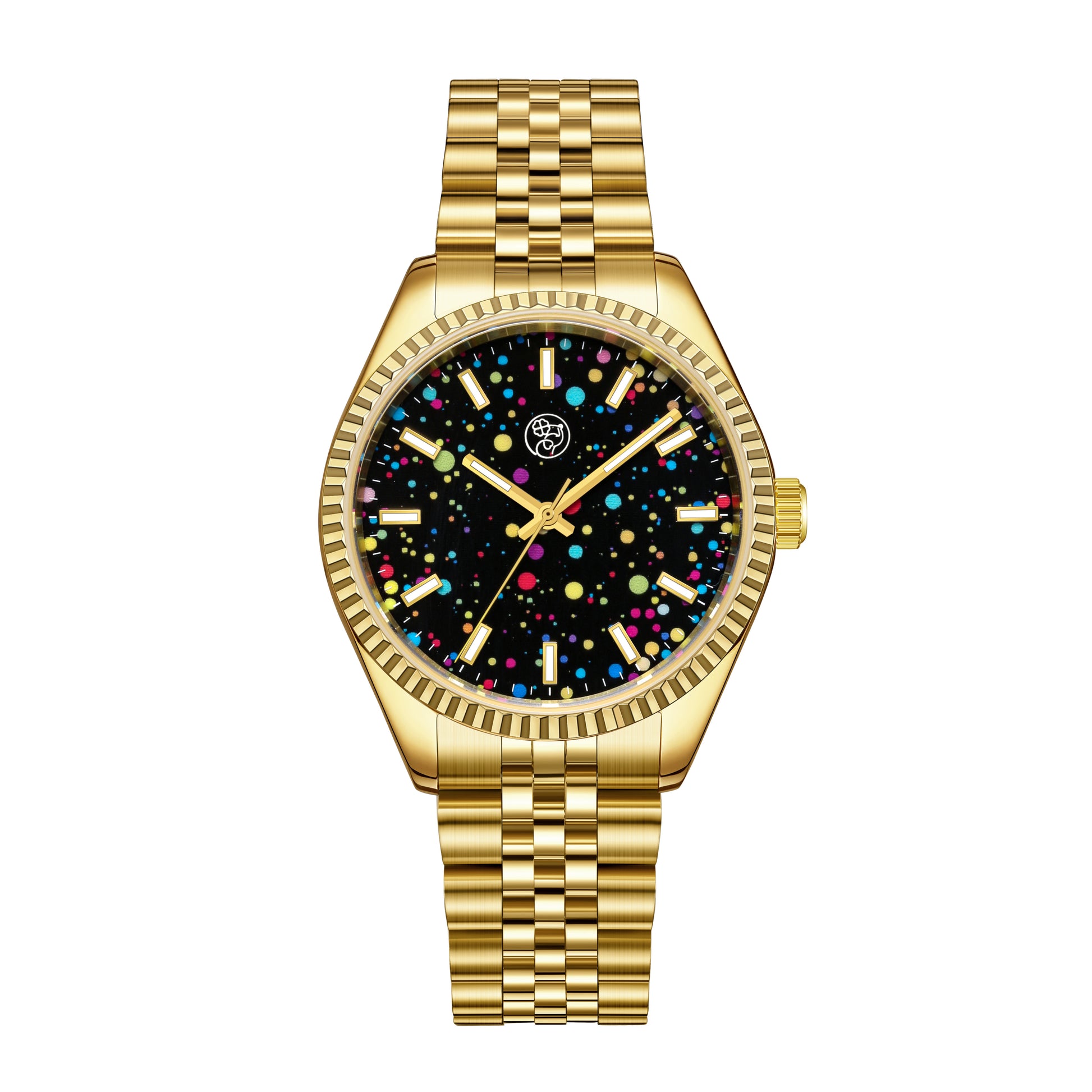A gold-colored watch with a multicolored dial and a classic five link bracelet.