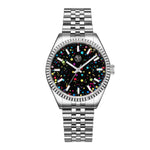 Silver 38mm stainless steel unisex watch with rainbow galaxy dial