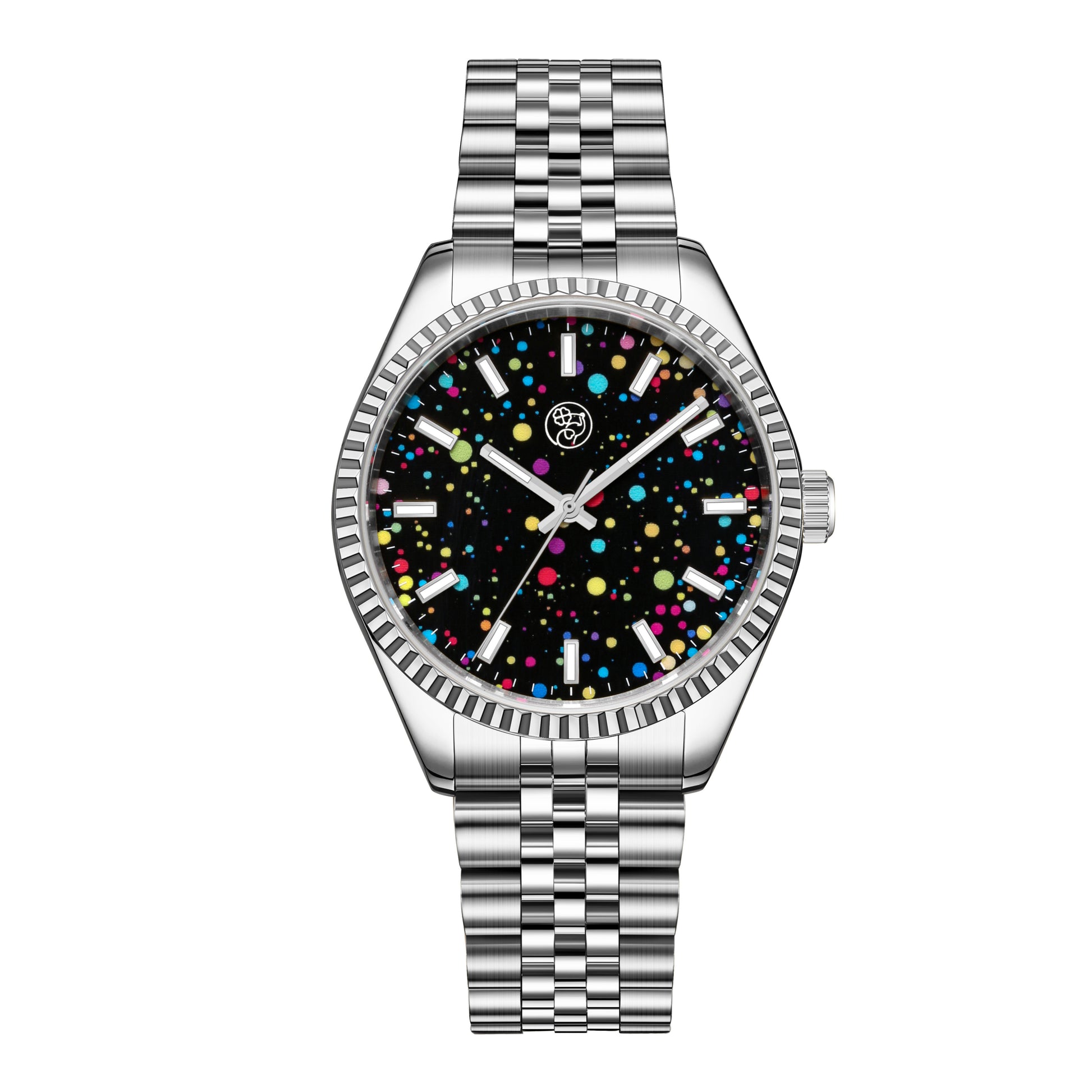 Silver 38mm stainless steel unisex watch with rainbow galaxy dial