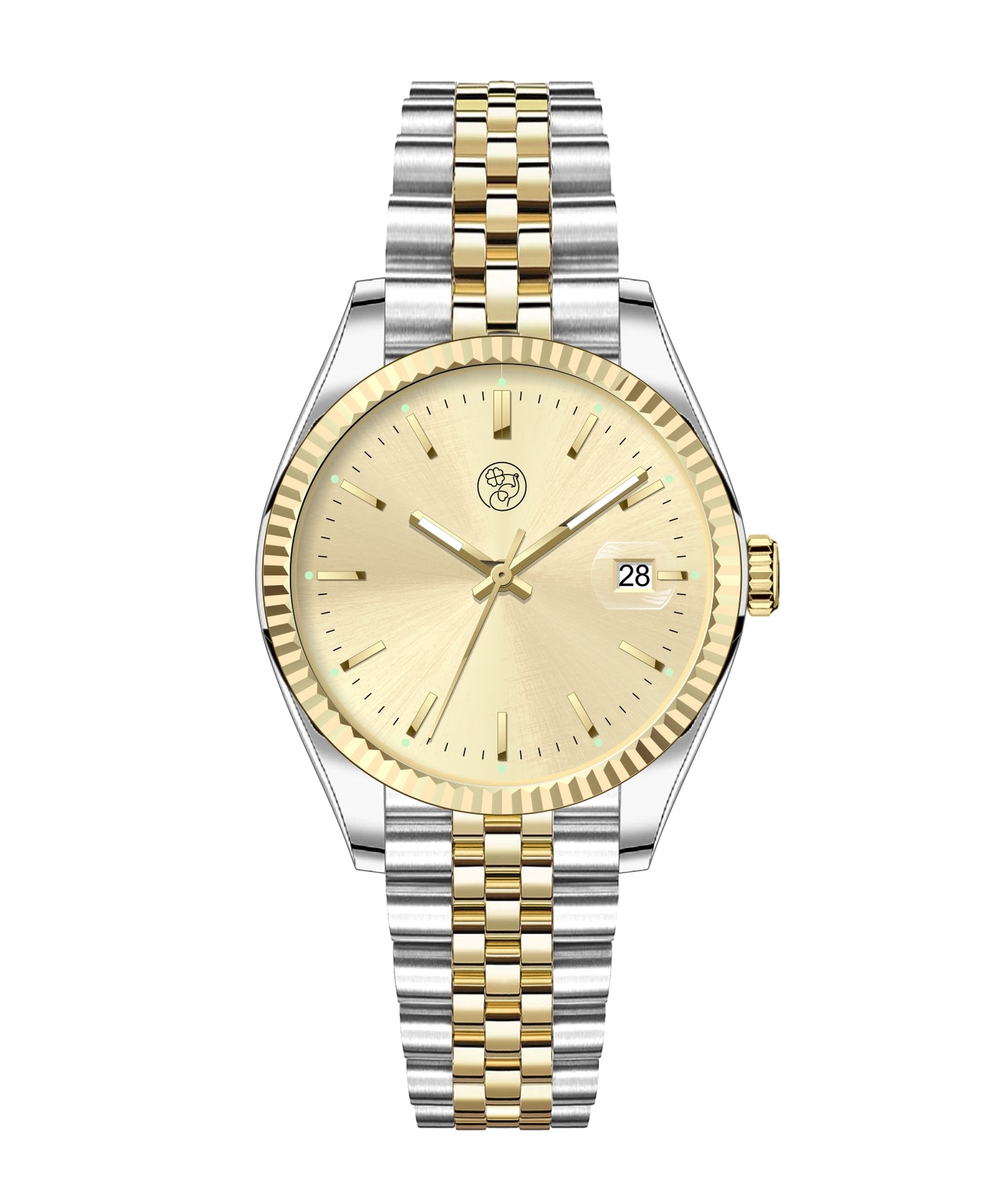 A Swiss designed So Italy Two Tone Watch with a gold sunray dial, classic five link gold and silver mixed metal bracelet, and a magnified date window.