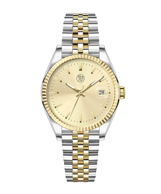 A Swiss designed So Italy Two Tone Watch with a gold sunray dial, classic five link gold and silver mixed metal bracelet, and a magnified date window.