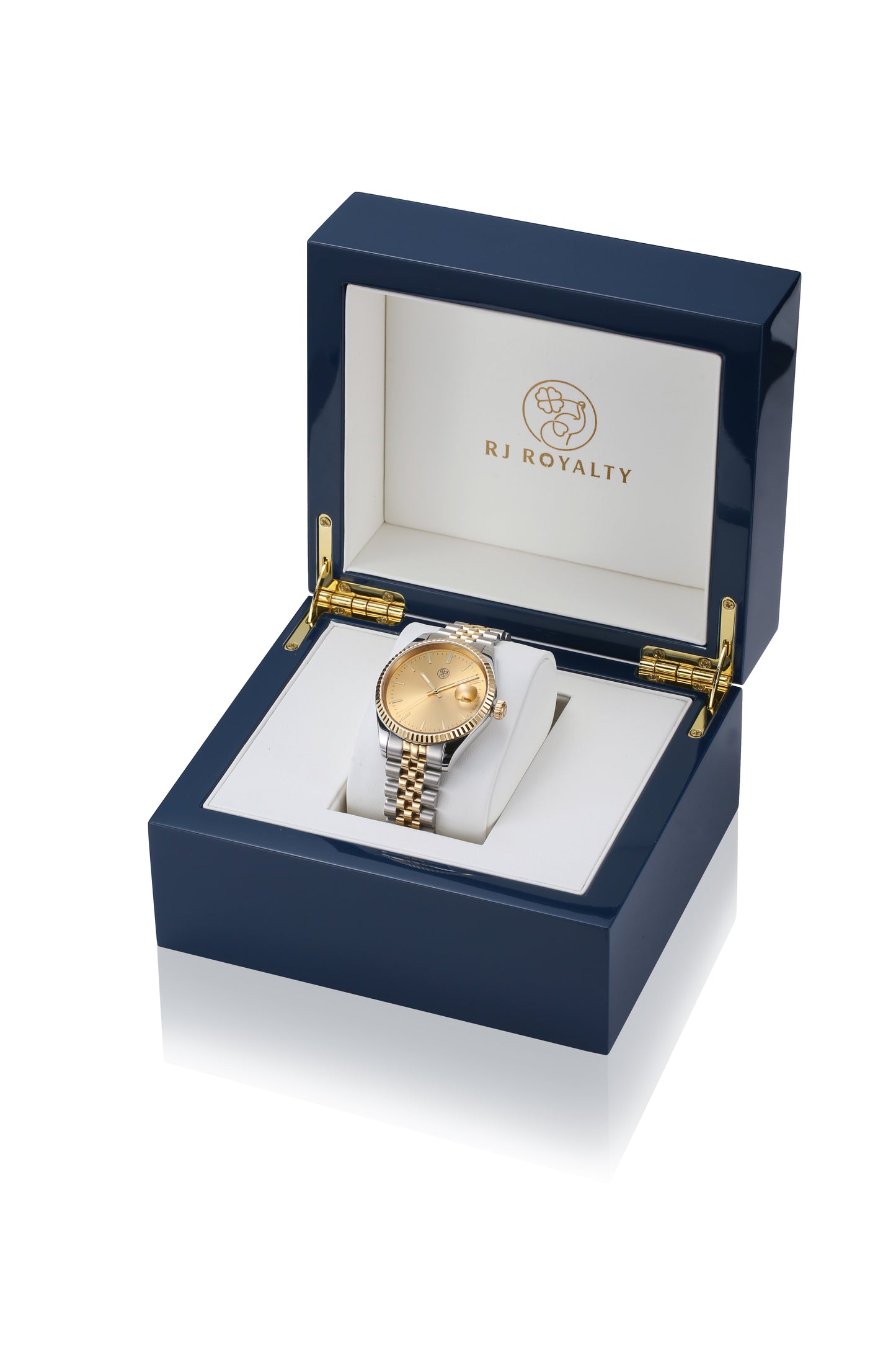 This image features a luxurious wooden watch box, open and displaying a beautifully designed watch. Crafted with an attention to detail, the watch box boasts a rich, wood finish and includes a plush, padded interior that elegantly cradles the displayed Sunray dial watch mixed metal watch .