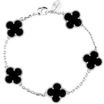Silver Bracelet with black onyx four clover shaped charms 