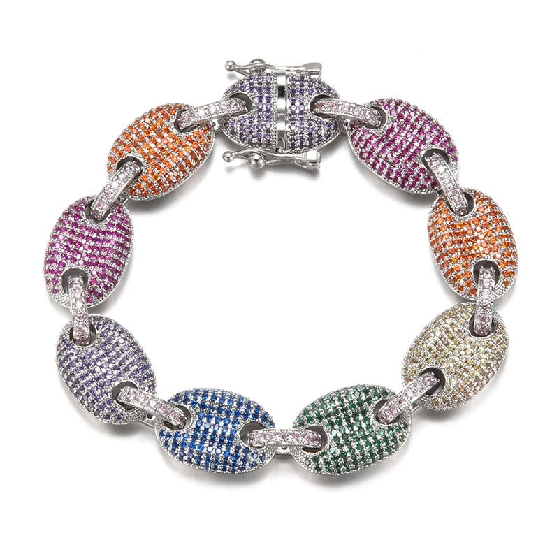 A multicolored, mariner link-style coffee bean bracelet with silver plating and simulated diamonds.