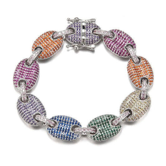 A multicolored, mariner link-style coffee bean bracelet with silver plating and simulated diamonds.