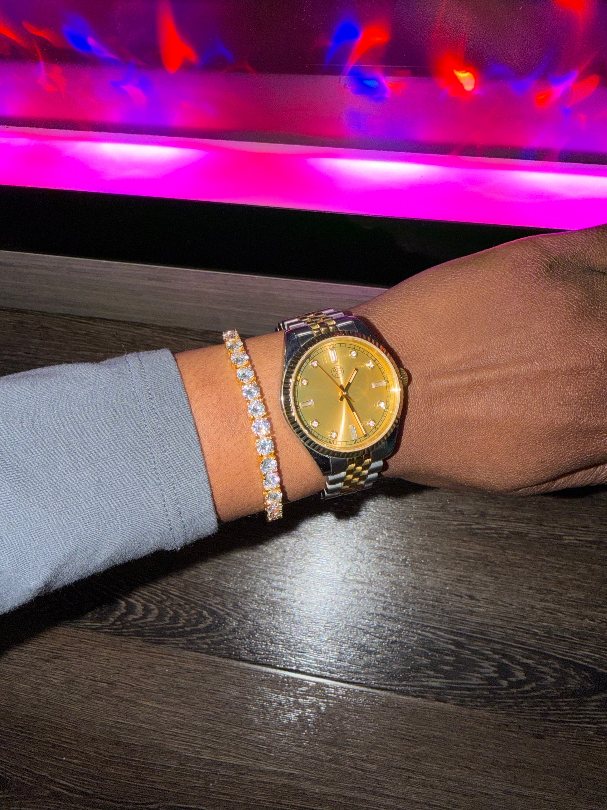Monte Carlo Tennis Bracelet  in Gold styled  with Monaco watch on wrist. gift for her RJ Royalty